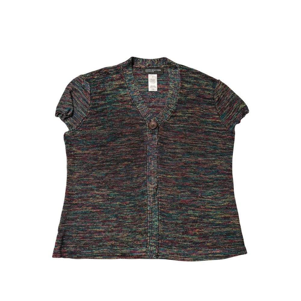 Jones New York Collection Space Dye Short Sleeve Cardigan Multicolor V-Neck M